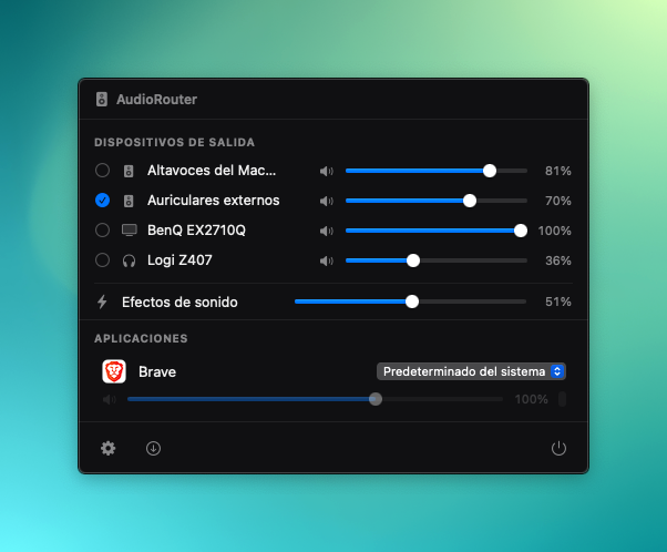 Real screenshot of the AudioRouter menu bar panel